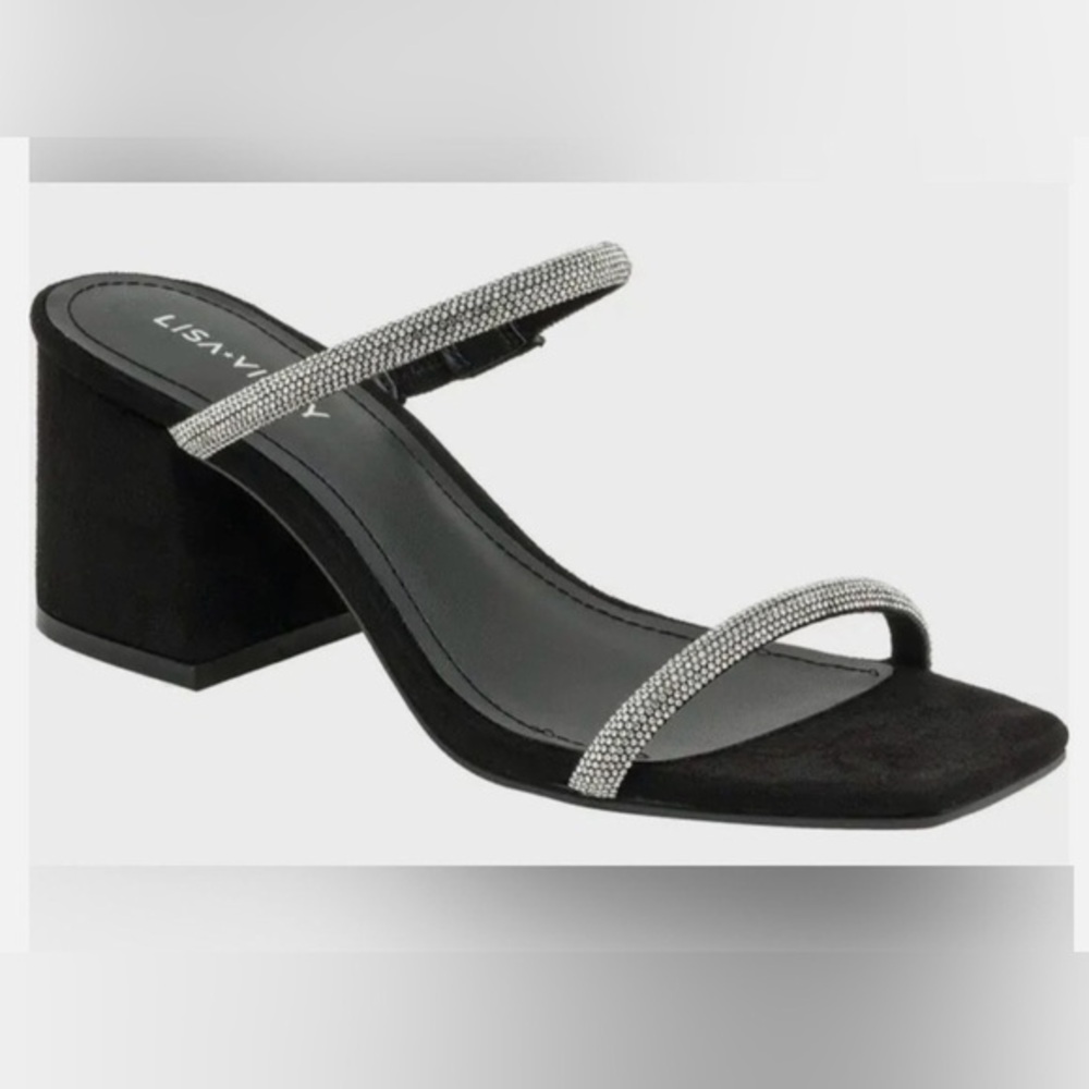 Lisa Vicky Mood Pavé Block Heel Slide Sandal in Black Hotfix 
NIB SIZE 9